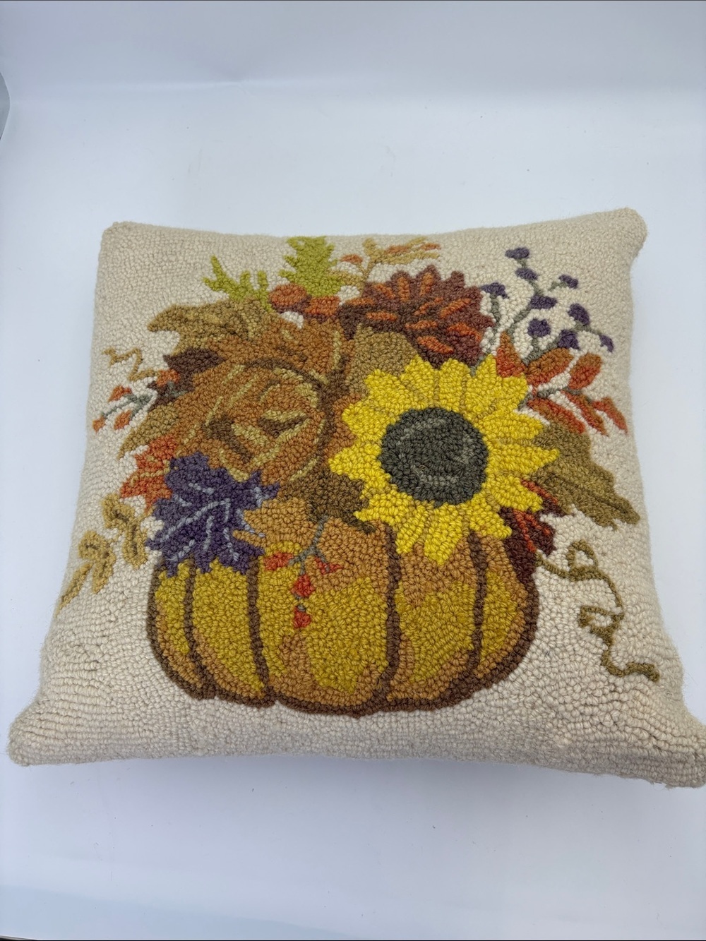 Handhooked Fall Pumpkin & Sunflower Accent Pillow